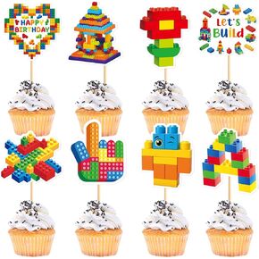 24Pcs Building Block Birthday Party Cupcake Toppers Boy Girl Birthday Party Decorations Brick Themed Building Block Birthday Decorations for Kids Adults Birthday Party Supplies