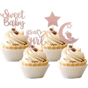 36 PCS Baby Shower Girl Cupcake Toppers with Moon Glitter Star إنها فتاة جميلة من جنس الطفل تكشف عن كب كيك يختار استحمام الطفل الأطفال.