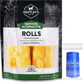 Dog Chews Bundles for Large Dogs, 7 Inch Rawhide Free Alternative Retriever Rolls Bundle with 1 Waste Bag Roll, Long-Lasting Dental Treats (Chicken, 5 Count)