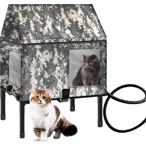 Heated Cat House for Outside in Winter, 100% Waterproof, 16.5in x 12.8in x 18.7in Elevated Weatherproof Cat House with Heated Pad, Safe Escape Door, Insulated Cat House for Ferals Strays Barn
