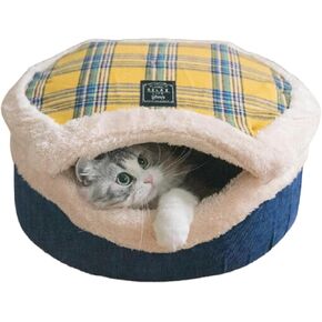 Cat Plaid Cave Bed, Plush Warm Calming Hideaway Nest with Detachable Lid & Mat, Snug Enclosed House for Indoor Kitten (Snow)