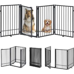 Metal Freestanding Dog Gate with Door, Extra Wide 81", 31" Height Foldable Dog Gates for Doorways, Tall Pet Fence Indoor Outdoor Pet Gates, 4 Panels Pet Barrier for Stairs Hallways, White