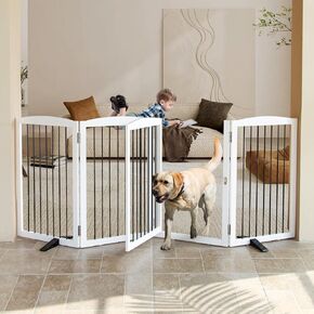 ZJSF Foldable Indoor Dog Door with Walk Through Door, Freestanding Pet Door for The House,Doorways, Stairs, Pet Puppy Safety Fence with Support Feet, White 4 Panels 80" Wide 32''Height