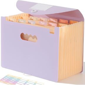Accordion File Organizer 12 Pockets, Monthly Bill Receipt Tax Organizer, Expanding File Folders with Larger Bright Tabs, Fits Letter/A4 Size - Black - Purple