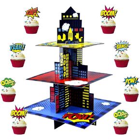 Superhero Cupcake Stand with 24pcs Superhero Cupcake Toppers Superhero Party Decorations Cupcake Tower for Boys Superhero Birthday Party Supplies