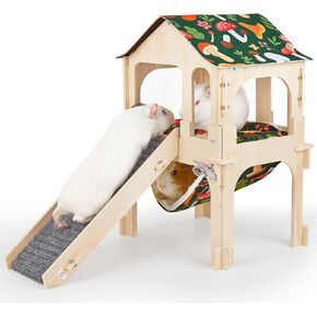Bienbee Guinea Pig Hideout, Large Wooden Guinea Pig Castle with Stair, Hammock and Mat, Detachable Double-Decker Guinea Pig House for Bunny Hamster Chinchilla Ferret Rabbit Guinea Pig Accessories