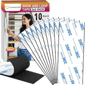 2 x 5 Inch Hook and Loop Tape 10 Pairs, Super Strong Sticky Back Fastener, Heavy Duty Double-Sided Adhesive Strip, Heavy Duty Hanging Strips Fastener for Home Office School Car and DIY Crafting Black