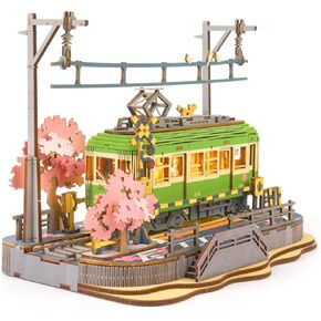 Rolife 3D Wooden Puzzle for Adults, Sakura Journey Tram DIY Model Building Kits with LED Lights, Creative Kids Craft Hobby Gift and Brain Teaser Home Decor Assembly Toy