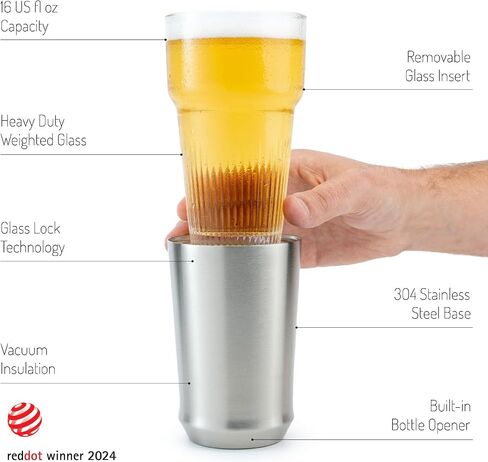 Elevated Craft Hybrid Vacuum Insulated Stainless Steel Base with Removable Pint Glass Insert, Ideal Insulation for Beers & Cold Beverages with Built-in Bottle Opener, Durable & Stylish, Steel (16 oz) in Saudi Arabia