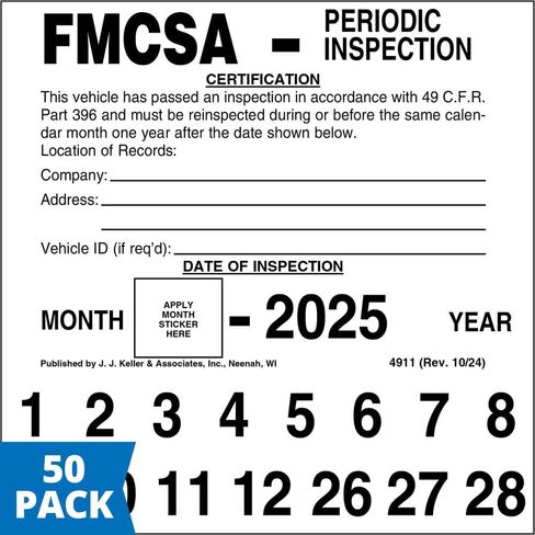 FMCSA Periodic Inspection Label 50-pk. - 5" x 5", Permanent Self Adhesive Vinyl - Meet DOT AVIR 49 CFR Part 396 Requirements - J. J. Keller & Associates in Kuwait