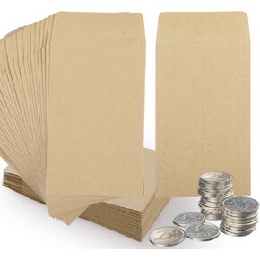 GeeRic 100 Pack Coin Envelopes Kraft, 2-1/4 x 3-1/2 Small Coin Mailing Envelopes, Self-Adhesive for Seed Envelopes, Jewelry Stamps Storage Packets Envelopes for Garden, Office