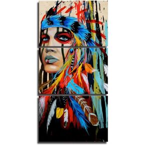 Meiji Native American Painting Indian Canvas Wall Art Indians Woman Girl Colorful Feathered Prints Wrapped on Frames for Home Wall Art Decoration (14x20inchx3 Pieces)