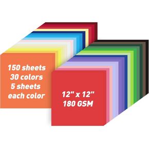 12" X 12" Colored Cardstock Bulk 150 Sheets 30 Assorted Colors Construction Paper Card Stock Printer Paper for DIY Crafts, Cricut Card Making, Party Decor, Kids School Supplies, 180 GSM
