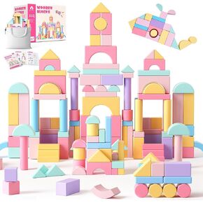 VigorFun 110 PCS Wooden Building Blocks Set - Construction Stacking Toy with Storage Bag, Montessori Preschool Toys for Toddlers Kids Birthday Gifts Ages 3+
