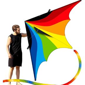 Doinfly- Super Large Rainbow Delta Kite, Durable,Extremely Easy to Fly and Stable,Easy to Assemble, Single Line Beach Kite with kite line board for Outdoor Games & Activities. (Delta Rainbow Pro Kite)