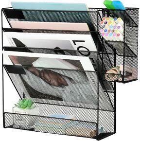 Spacrea File Organizer Wall Mount, 5 Tier Hanging Mail Organizer Folder Holder, Mesh Desk Accessories and Organizers, Paper Document Magazine Rack with 3 Pen Holder for Office Home School(Black)