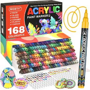 NICETY 168 Acrylic Paint Markers, Acrylic Paint Pens, 0.7mm Fine Tip Fabric Paint Markers for Clothes & Textile - High Coverage on Wood, Rock, Glass - DIY Art Supplies for Kids, Adults & Artists