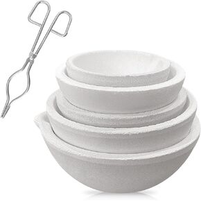 6 Pack Ceramic Crucible Bowl with 7.87" Crucible Tong, 1000g/500g/250g/150g/100g Quartz Ceramic Crucible Melting Dishes Pot for Casting Refining Torch Melt Jewelry Gold Silver Brass Alloy