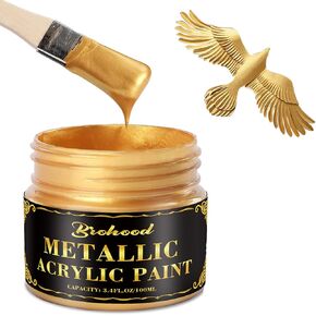 Brohood Gold Leaf Paint, 100ml Water-Based Metallic Acrylic Paint, Golden Acrylic Paint with 2 Brushes, Fade-Resistant Gold Metallic Paint for Metal, Wood, Canvas, Crafting & Art Projects