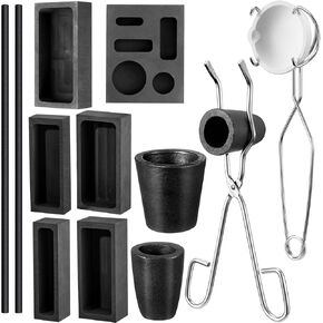 Rossesay 13 Pcs Graphite Torch Melting Casting Kit Includes 2 Stir Stick 5 Casting Mold 5-in-1 Ingot Mold Quartz Crucible 2 Conical Graphite Slots 2 Pliers for Melt