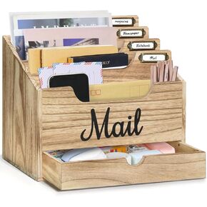 Desktop Mail Organizer with 4 Large Compartments and Drawer, Wood Mail Holder Sorter Organizer Holder,Countertop Desk Office Accessories Organizer for File Letter Paper Folder, Desk Drawer Organizer