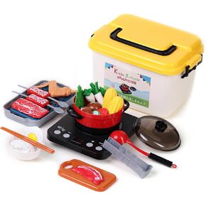 Pretend Play Kitchen Toy Including Janpanese Style Sukiyaki Hot Pot with Electronic Function, Grill Rack, Cooking Utensils, Cut Play Food and Toy Cutlery, Cooking Learning Gift for Girls and Boys
