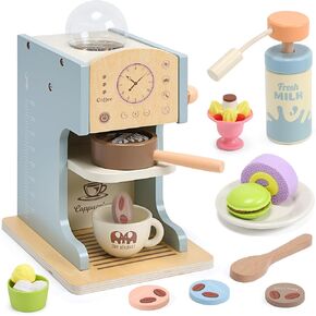 Kids Coffee Playset Kitchen Toys，Wooden Coffee Maker Toy Set with Play Kitchen Accessories, Pretend Play Coffee Set for Kids Girls Boys