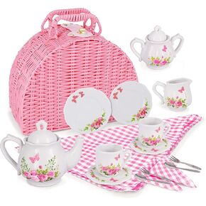 Jewelkeeper Tea Party Set for Little Girls - 18 Piece Toddler Tea Set with Floral Porcelain, Pink Wicker Basket, Utensils for Imaginative Pretend Play - Encourages Creativity and Social Skills