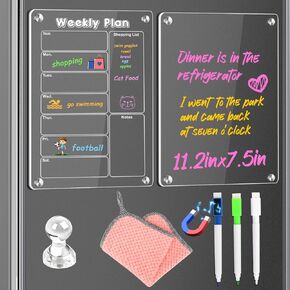 MIKEDE Magnetic Acrylic Calendar for Fridge, 2 Pack Refrigerator Calendar Magnetic Dry Erase, Clear Whiteboard Calendar Planning Boards, Fridge Organizer with Strong Magnets, 6 Markers, 11.2"x7.5"