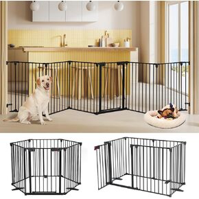 Freestanding Dog Gates with Door Walk Through, Extra Wide Doggy Door 100" W x 29" H Pet Gate Safty 4 Panels Dog Fence for Stairs, Doorways
