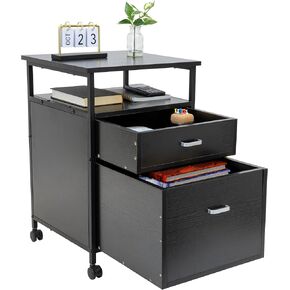 Mount-It! Mobile File Cabinet, Rolling Printer Stand with Open Storage Shelf, 2 Drawers, Black Wood Filing Cabinet fits A4 or Letter Size for Home Office, Wheels and Open Shelf
