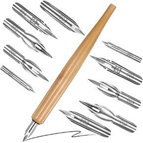 11 Pcs Dip Pen Set Comic Pen Nib Set Oblique Calligraphy Dip Pen Set Stainless Steel Pen Nib with Wooden Drawing Pen Holder Replacement Nibs for Writing Painting Signing