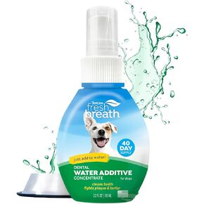 TropiClean Fresh Breath Water Additive Concentrate for Dogs | Breath Freshener and Teeth Cleaning Solution | No Brushing Required | 2.2oz.