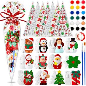 Pickmesh 12 Set Christmas Unpainted Ceramic Craft Kit Ready to Paint Your Own Figurines DIY Xmas Santa Snowman Tree Set with Brush Paint Triangle Bag Ribbon for Party Favor Bags