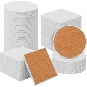 50 PCS 4 Inch Round and Square Ceramic Coasters with Cork Backing Pads, Unglazed Ceramic Tiles for Arts and Crafts, DIY, Ceramics Tiles to Paint, White Coasters Tiles Bulk for Art Projects