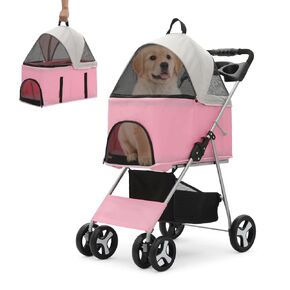 Athena Collection 4 Wheels Pet Stroller Dog Stroller for Medium Dogs 33 Lbs Puppy Cat Stroller Pet Dog Stroller with Detachable Carrier, Cup Holder Tray, Bottom Storage, Pink