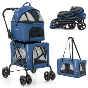 PETSITE Double Dog Stroller, Foldable 3-in-1 Cat Stroller with 2 Detachable Carriers, Safety Belt, Washable Cover, Removable Pads, 4 Wheels Travel Pet Stroller for Small Medium Dogs Cats (Blue)
