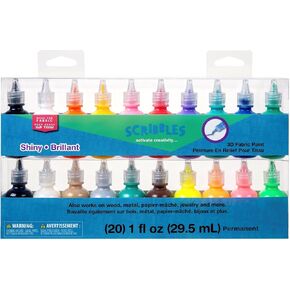 Bulk Buy: Scribbles Shiny 3D Paint - Pack of 20 Ultra Bright, Nontoxic & Permanent Dimensional Paints for Fabrics, T-shirts, Backpacks, Posters, Glass, Wood and More, 1 Fl Oz (Pack of 20)
