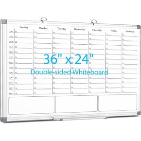 White Board Dry Erase Calendar for Wall, Magnetic Weekly Schedule-Board with Hourly Time Slots for Home, Office,Work, School, Hanging Double-Sided Whiteboard with Marker Tray, 36" × 24"