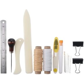 16Pcs Bookbinding Kit Starter Tools Set Bone Folder Paper Creaser Waxed Thread, Awl, Large-Eye Needles for DIY Crafts and Sewing Supplies
