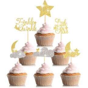48 Pcs Glitter Little Star Cupcake Toppers Moon Cloud Cupcake Picks Twinkle Twinkle Little Star Baby Shower Decorations for Kids Birthday Wedding Party Cake Supply (Gold, Silver)
