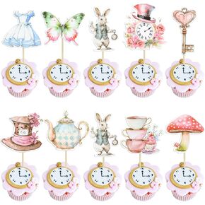 ephlyn 36pcs Wonderland Cupcake Topcake Topers Tea Party Cake Decorations Butterfly Flower Bowl Clock Clock Eat Me Cupcake اختيارات لدش الطفل عيد ميلاد ديكورات حفلة عيد ميلاد