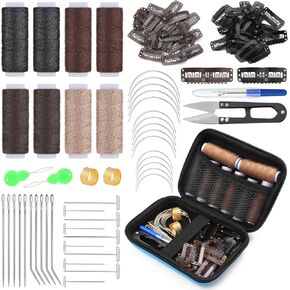 Ftyiwu 100PCS Hair Extension Clip Wig Making Set, 8 Rolls Hair Weave Sewing Thread with 50PCS Metal Snap Clips, I/J/T/C Needles and Storage Bag for DIY Wig Making Hand Sewing