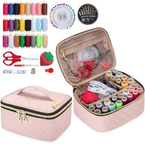 LoDrid Sewing Kit, Portable Flannel Bag with Complete Sewing Supplies for Travel & Home, Sewing Repair Kit Tool for Adult, Kid & Beginner, 24 Color Threads, 30 Needles & Sewing Accessories, Dusty Rose
