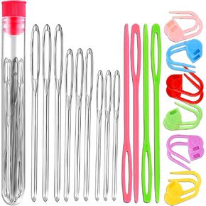 Orrdice 26 Pcs Sewing Knitting Kits, 9 Pcs Large-Eye Blunt Yarn Needles, 4 Pcs Plastic Weaving Needles,12 Pcs Colorful Knitting Crochet Locking Counter Stitch Needle, Suitable for Crochet Project
