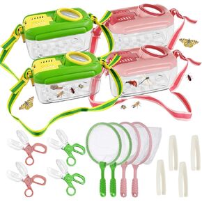 4 Sets Bug Catcher Kit for Kids Outdoor Exploration Kit Kid Summer Toys Nature Explorer Kit Bug Collection Kit with Insect Catcher Box, Butterfly Nets, Tweezers for Kids 3 4 5 6 7 8+ Years Old (Green)