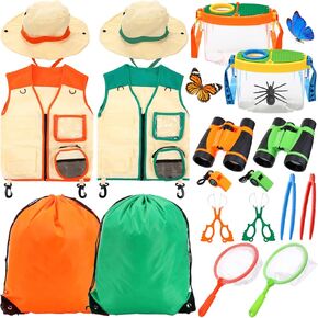 Blosssound 2 مجموعات Catching Kit Chorping Camping Gear for Outdoor Exploration With Safari Vest Safari Hat ، مناظير ، ألعاب مغامرة التخييم في الهواء الطلق للفتيات 3-12