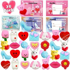 28 Pack Valentines Gifts for Kids, Valentines Mochi Squishies Toys with Valentines Cards for Kids Boys Girls Squishy Stress Relief Toys Party Favors School Classroom Exchange Prizes