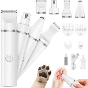 Dog Clippers Grooming Kit, 4 in 1 Cordless Dog Hair Trimmer Pet Grooming Kit Low Noise, Waterproof and Washable, Rechargeable Pet Trimmer Set for Small Dogs & Cats, Paws, Ears, Face, Rump