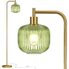 QiMH Glass Floor Lamp for Living Room, Modern Standing Lamp with Ribbed Glass Lampshade Pedal Switch, 67" Tall Lamp for Bedroom Study Room, Brushed Gold (2700K LED Bulb Included)
